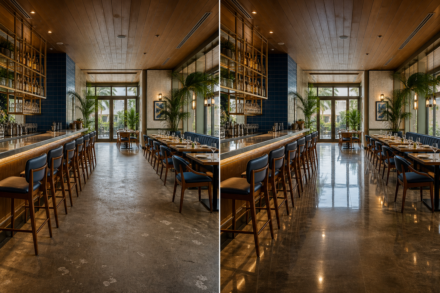 Illustrative before and after comparison of a Miami restaurant dining room and bar deep cleaning