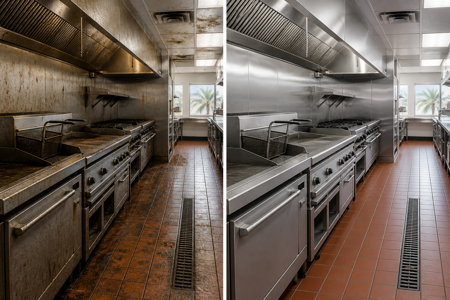 Illustrative before and after comparison of a Miami commercial kitchen deep cleaning